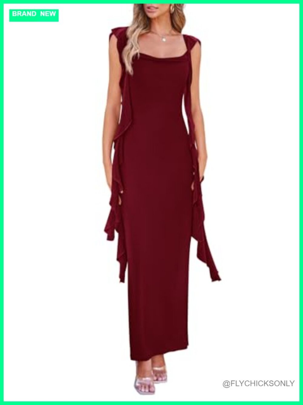 Ruffle Bodycon Maxi Dress Stretchy Sweetheart Open Back Formal